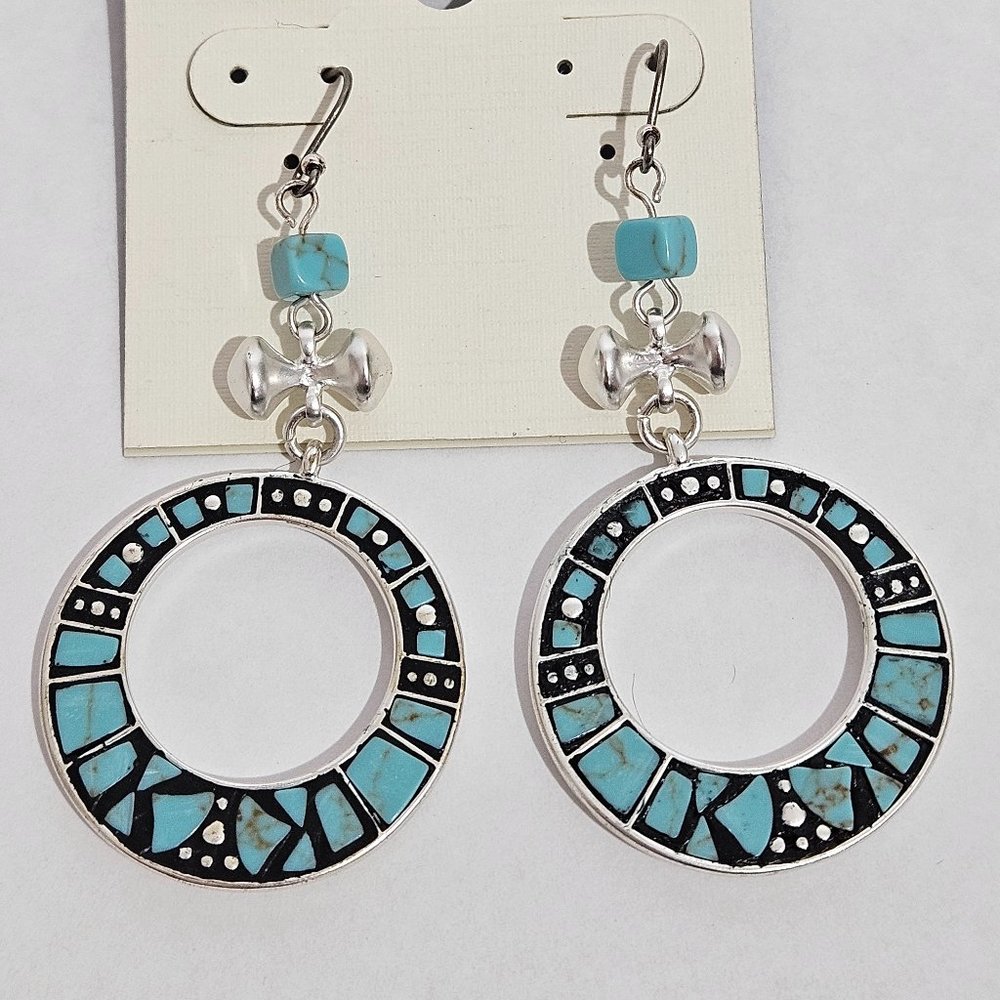 Lucky Brand Silver-tone Turquoise-look Inlay Open circle Statement Earri…
